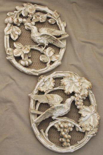 photo of 50s Universal statuary chalkware wall art plaques, antiqued plaster cameo ovals birds & flowers #1