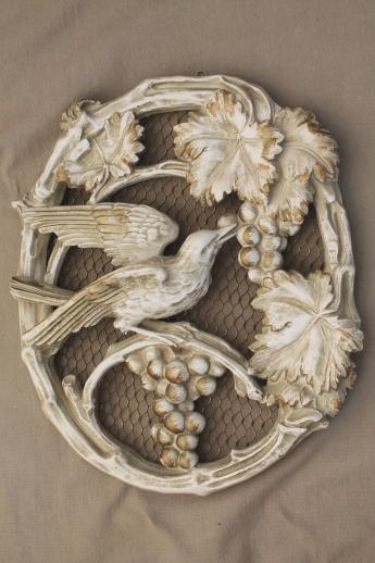 photo of 50s Universal statuary chalkware wall art plaques, antiqued plaster cameo ovals birds & flowers #4