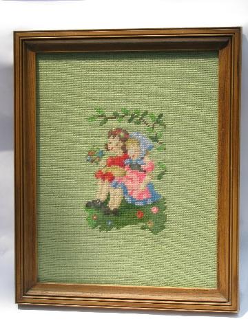 photo of 50s framed needlepoint pictures, Hummel style children in folk costumes #2