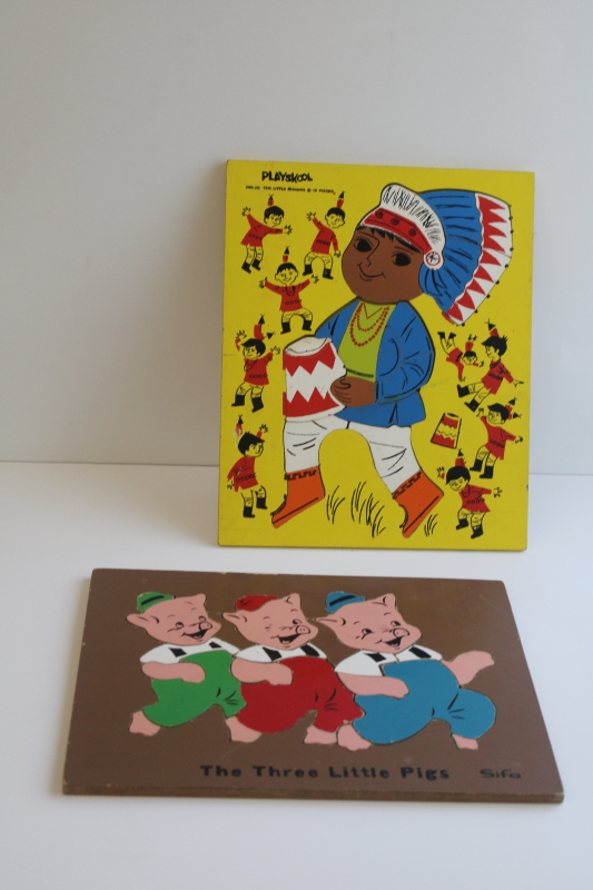 photo of 50s or 60s vintage wood board tray puzzles Sifo 3 Little Pigs, Playskool Indian boy  #1