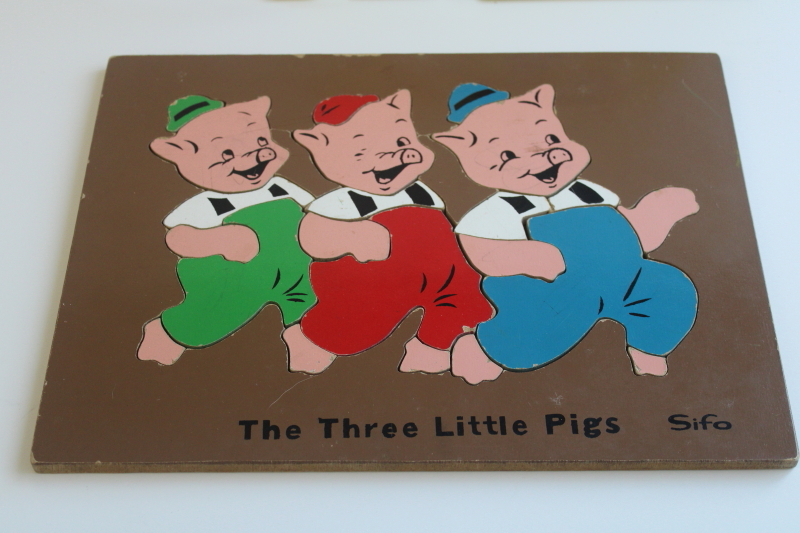 photo of 50s or 60s vintage wood board tray puzzles Sifo 3 Little Pigs, Playskool Indian boy  #2