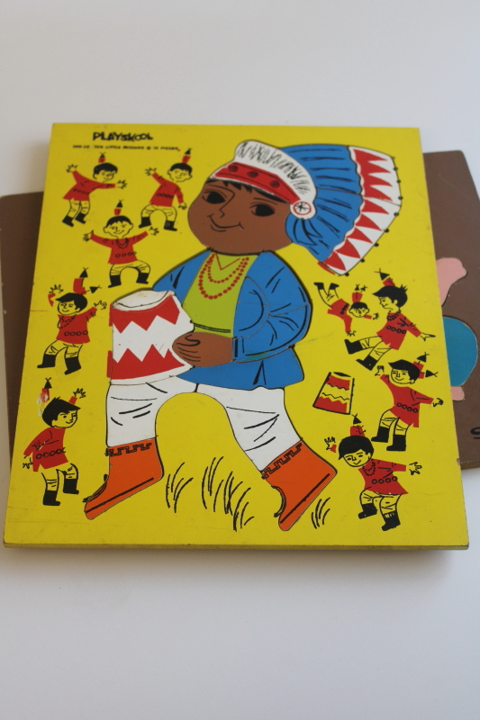 photo of 50s or 60s vintage wood board tray puzzles Sifo 3 Little Pigs, Playskool Indian boy  #4