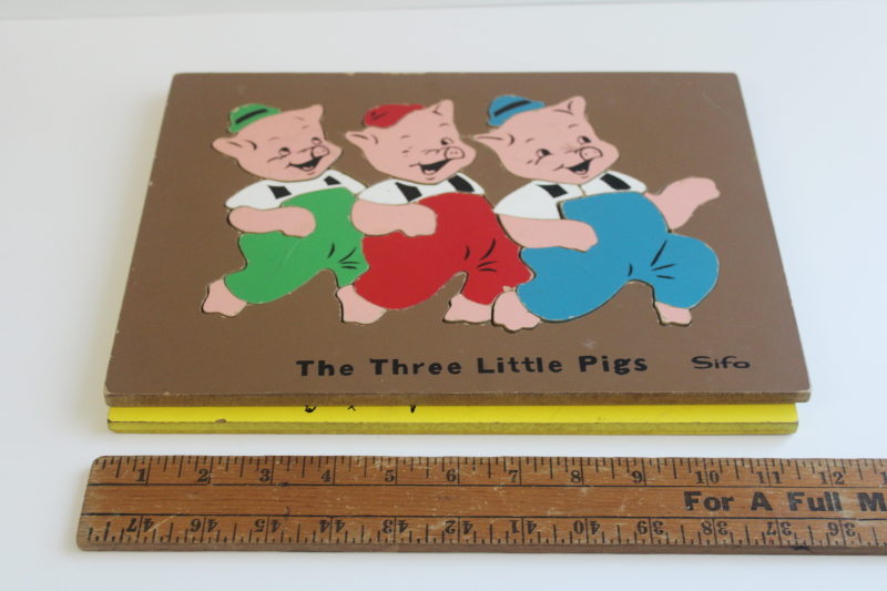 photo of 50s or 60s vintage wood board tray puzzles Sifo 3 Little Pigs, Playskool Indian boy  #7