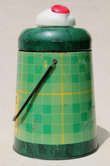 photo of 50s vintage Cape Cod cooler, green plaid insulated thermos bottle, road trip camping jug #8