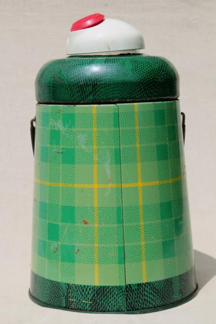 photo of 50s vintage Cape Cod cooler, green plaid insulated thermos bottle, road trip camping jug #9