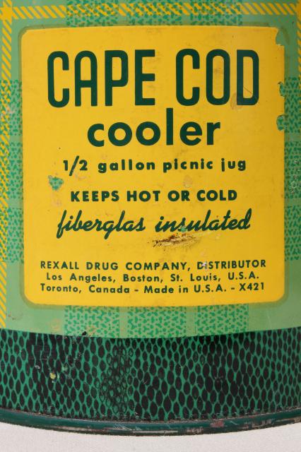 photo of 50s vintage Cape Cod cooler, green plaid insulated thermos bottle, road trip camping jug #13