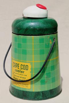 catalog photo of 50s vintage Cape Cod cooler, green plaid insulated thermos bottle, road trip camping jug