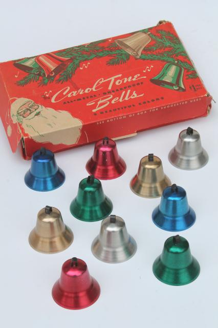 photo of 50s vintage Christmas bell ornaments, anodized colored aluminum Carol Tone bells in box #1