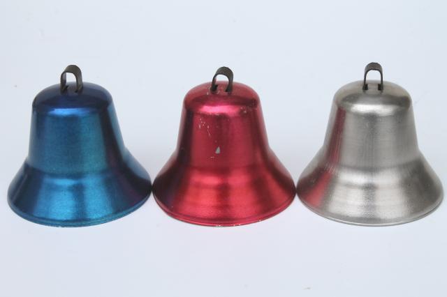 photo of 50s vintage Christmas bell ornaments, anodized colored aluminum Carol Tone bells in box #3