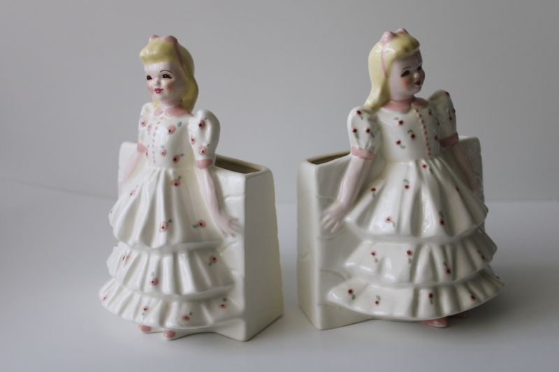 photo of 50s vintage Florence ceramics figurines, pair of little girls vases #1