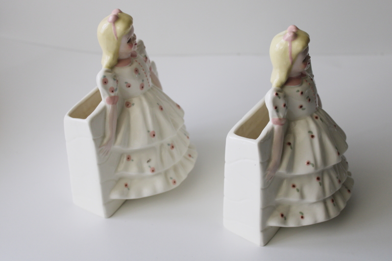 photo of 50s vintage Florence ceramics figurines, pair of little girls vases #2