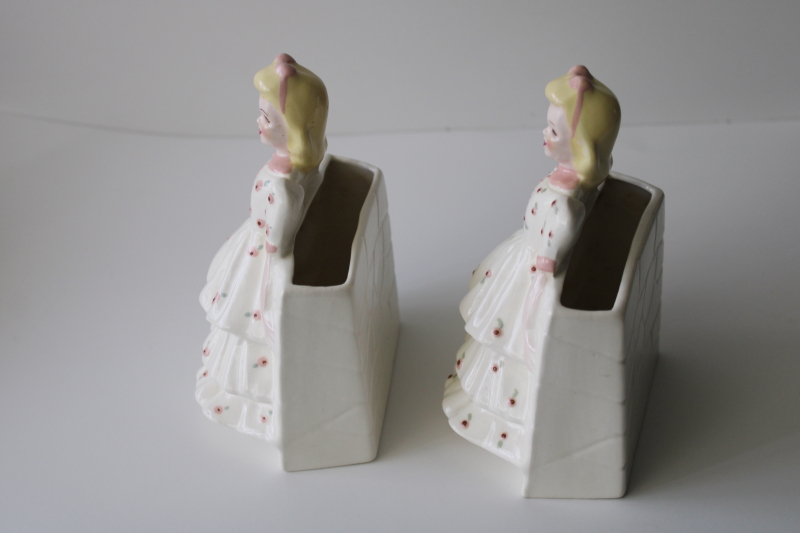 photo of 50s vintage Florence ceramics figurines, pair of little girls vases #3