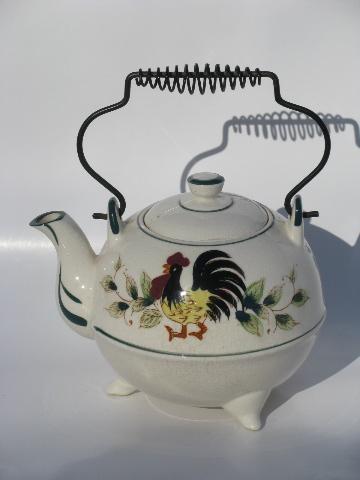 photo of 50s vintage Japan hand-painted rooster and flowers teapot, wire handle #1