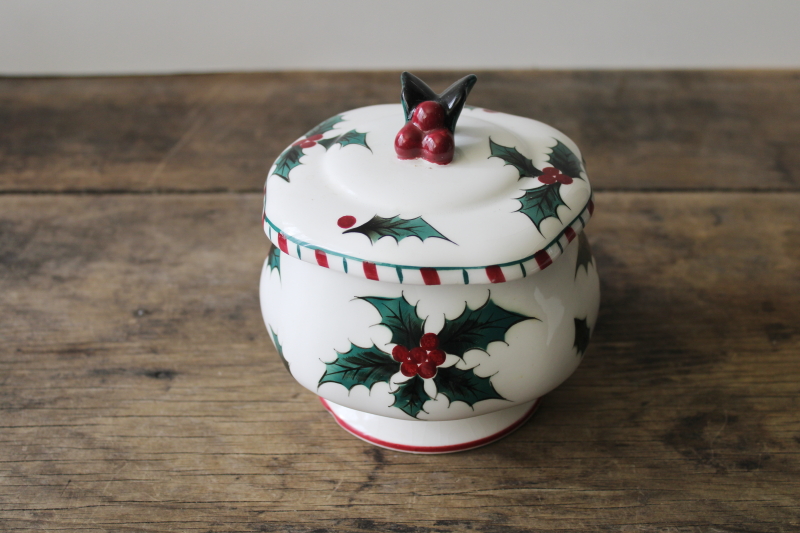 photo of 50s vintage Lefton Japan Christmas holly candy cane pattern bonbon dish w/ lid #1