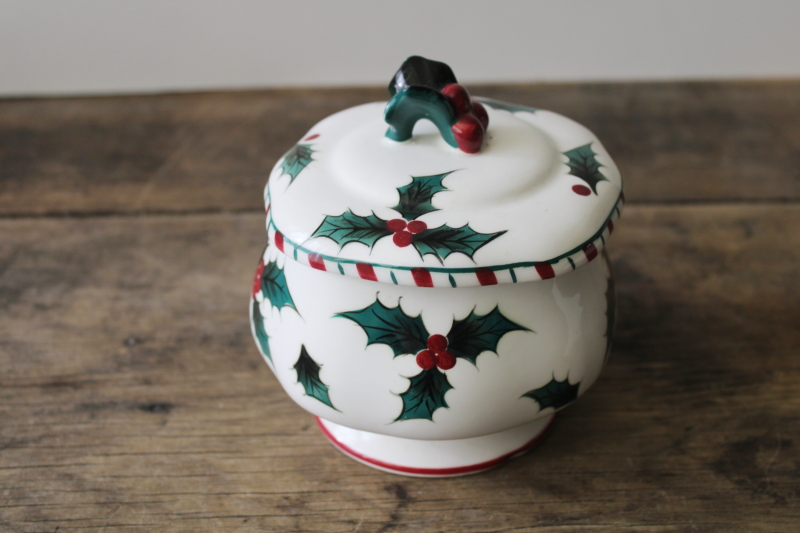 photo of 50s vintage Lefton Japan Christmas holly candy cane pattern bonbon dish w/ lid #2