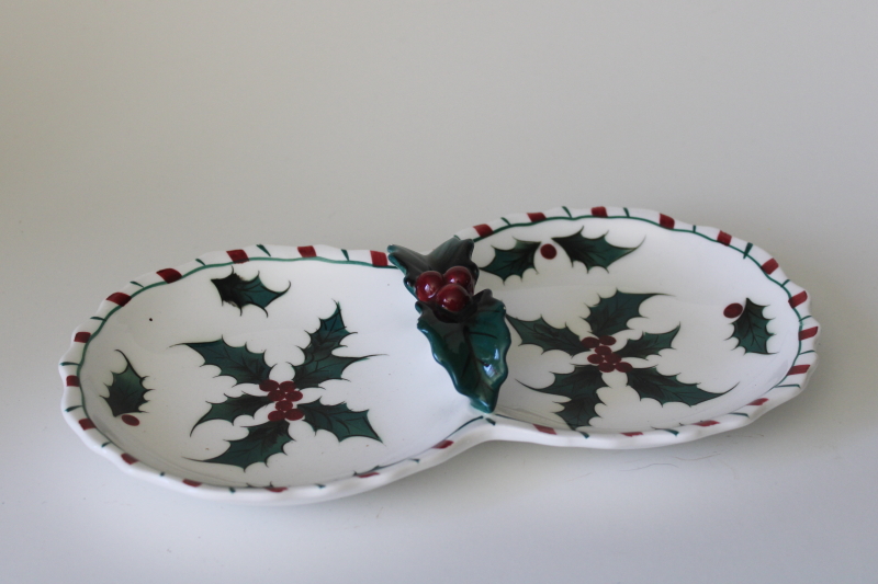 photo of 50s vintage Lefton Japan china relish tray, holly candy cane stripe border #1