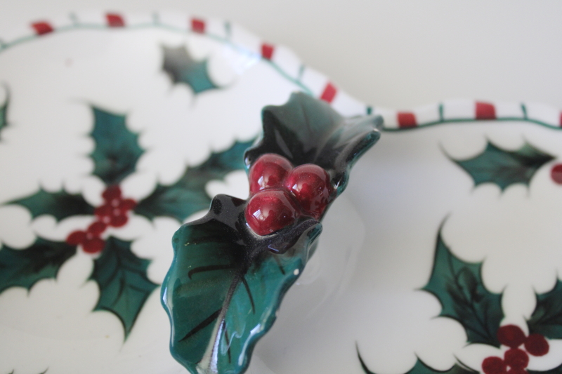 photo of 50s vintage Lefton Japan china relish tray, holly candy cane stripe border #2