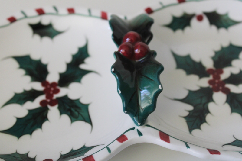 photo of 50s vintage Lefton Japan china relish tray, holly candy cane stripe border #3