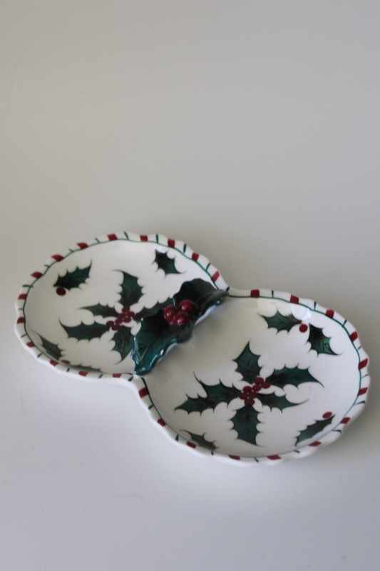 photo of 50s vintage Lefton Japan china relish tray, holly candy cane stripe border #4