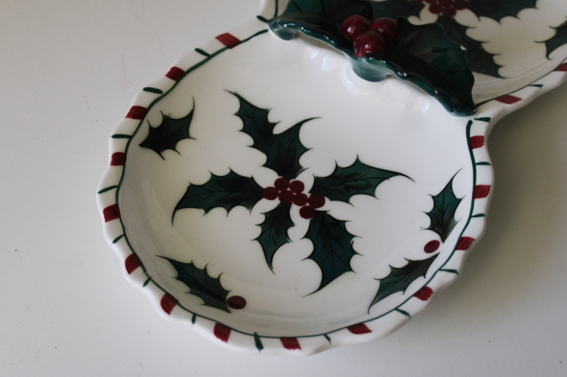 photo of 50s vintage Lefton Japan china relish tray, holly candy cane stripe border #6