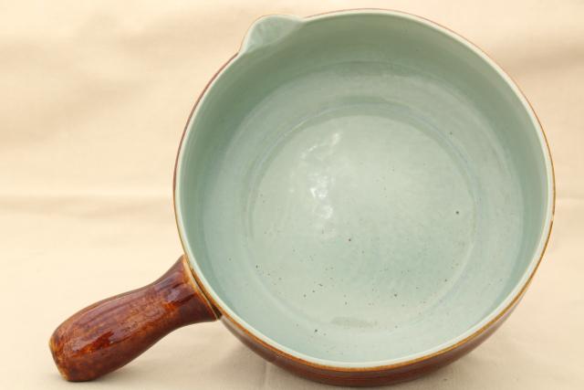 photo of 50s vintage Red Wing pottery Village Green stick handled casserole, large bowl w/ handle #5