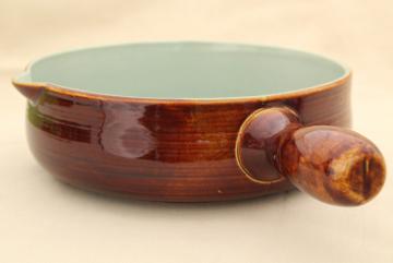catalog photo of 50s vintage Red Wing pottery Village Green stick handled casserole, large bowl w/ handle