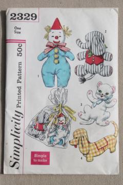 catalog photo of 50s vintage Simplicity sewing pattern, easy stuffed toys animals, clown doll, dachshund dog, kitty