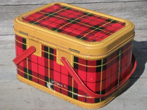 photo of 50s vintage Skotch tartanware plaid picnic set, tin hamper, cooler, jug #5