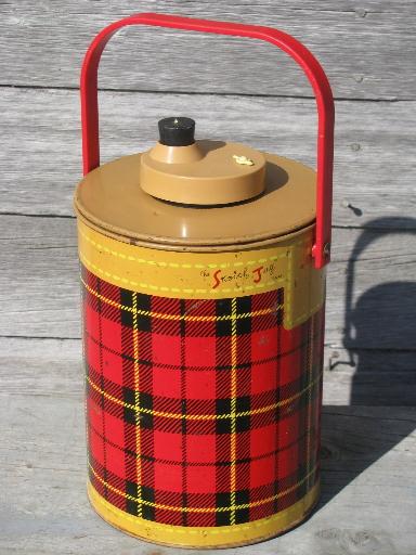 photo of 50s vintage Skotch tartanware plaid picnic set, tin hamper, cooler, jug #6