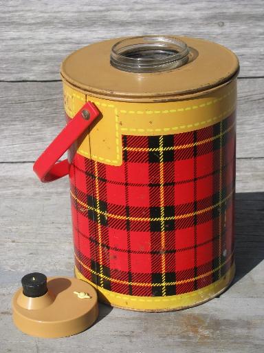 photo of 50s vintage Skotch tartanware plaid picnic set, tin hamper, cooler, jug #7