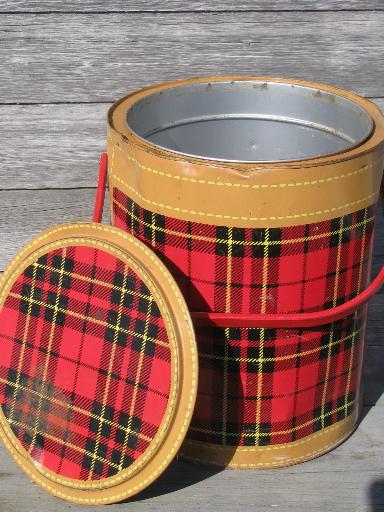 photo of 50s vintage Skotch tartanware plaid picnic set, tin hamper, cooler, jug #9