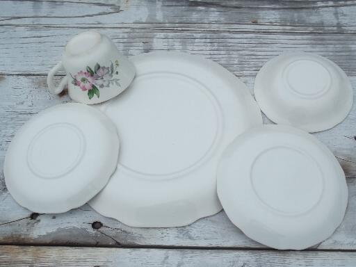 photo of 50s vintage USA pottery dinnerware, pink and lavender flowers, set for 10 #6