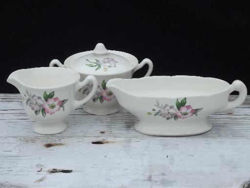 photo of 50s vintage USA pottery dinnerware, pink and lavender flowers, set for 10 #8