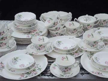 catalog photo of 50s vintage USA pottery dinnerware, pink and lavender flowers, set for 10