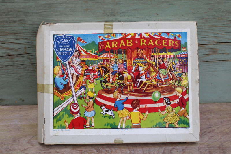 photo of 50s vintage Victory plywood wood jigsaw puzzle, children at fair merry go round print #1