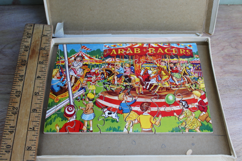 photo of 50s vintage Victory plywood wood jigsaw puzzle, children at fair merry go round print #2