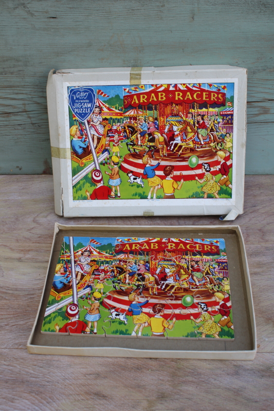 photo of 50s vintage Victory plywood wood jigsaw puzzle, children at fair merry go round print #3