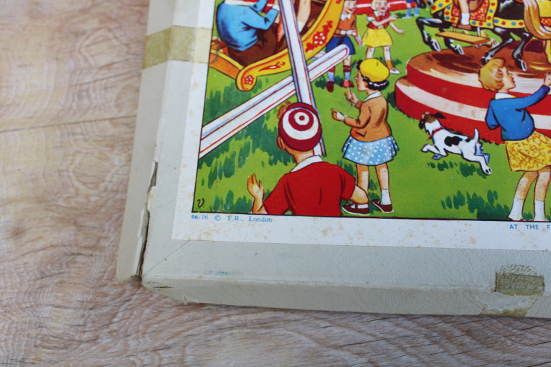 photo of 50s vintage Victory plywood wood jigsaw puzzle, children at fair merry go round print #8