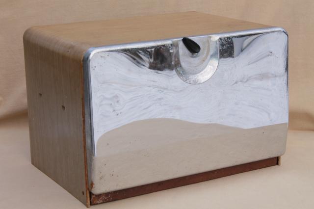 photo of 50s vintage all metal bread box, mid-century modern steel cabinet style bread box #1