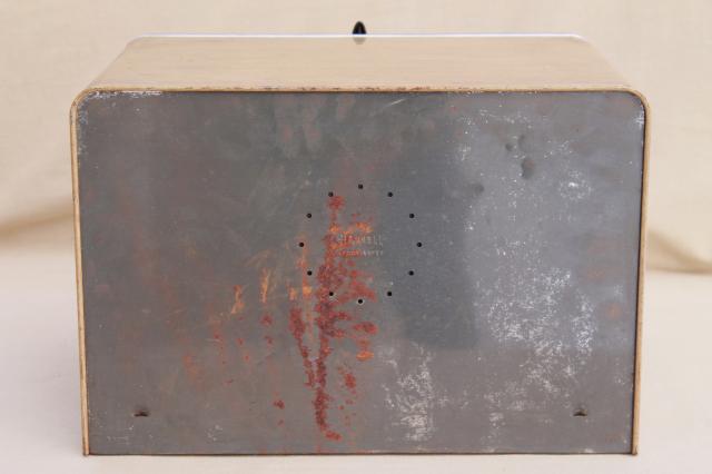 photo of 50s vintage all metal bread box, mid-century modern steel cabinet style bread box #7