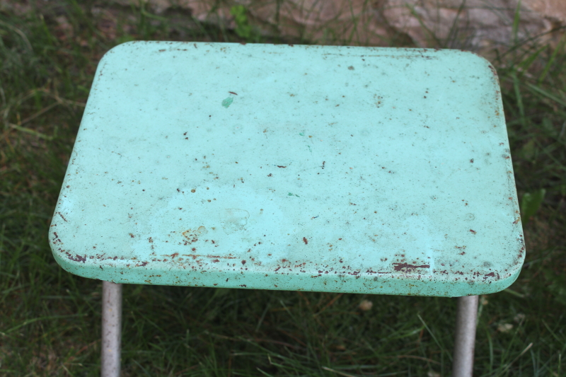 photo of 50s vintage aqua blue metal folding camp seat, patio foot stool or mini plant stand  #4