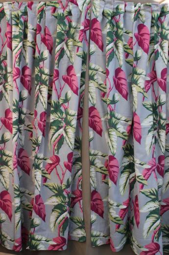 photo of 50s vintage barkcloth drapes, cotton barkcloth fabric w/ caladium leaf print #1