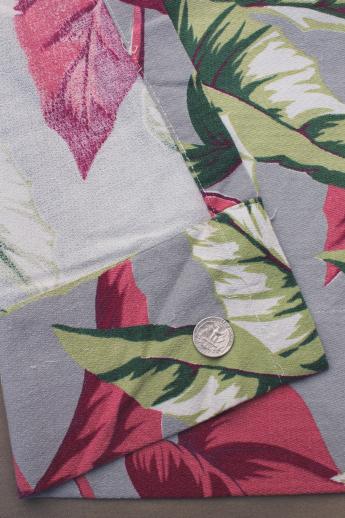 photo of 50s vintage barkcloth drapes, cotton barkcloth fabric w/ caladium leaf print #2