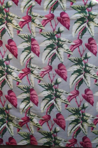 photo of 50s vintage barkcloth drapes, cotton barkcloth fabric w/ caladium leaf print #4