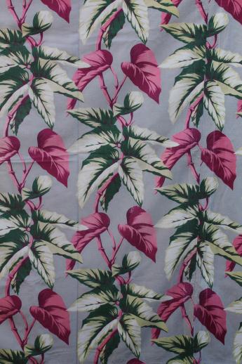 photo of 50s vintage barkcloth drapes, cotton barkcloth fabric w/ caladium leaf print #5