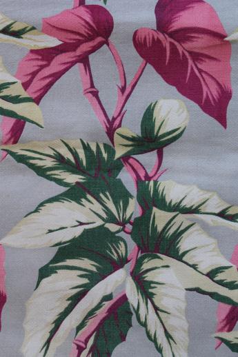 photo of 50s vintage barkcloth drapes, cotton barkcloth fabric w/ caladium leaf print #6