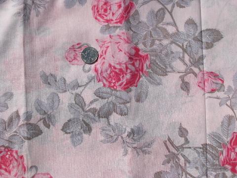 photo of 50s vintage cabbage roses floral print cotton fabric, large pink flowers #1