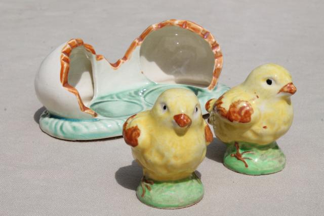 photo of 50s vintage ceramic salt & pepper shakers, S&P set twin baby chicks double yolk egg shell #4