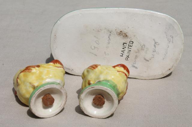 photo of 50s vintage ceramic salt & pepper shakers, S&P set twin baby chicks double yolk egg shell #10