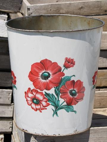 photo of 50s vintage color litho print metal wastebasket, red poppy flowers #2